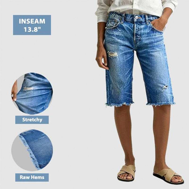 👖 LIMITED-TIME 50% OFF! ✨ Women's Casual Distressed Denim Bermuda Shorts – 4-Way Stretch, Raw Hem, Vintage Vibes 🌿
