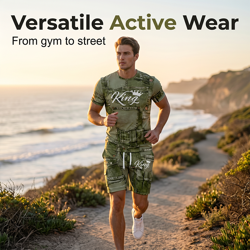 🎉 2026 Sale — Over 33,000 Sold! 👕 Men's Casual Faux Denim Print T-Shirt Shorts Set 🧢