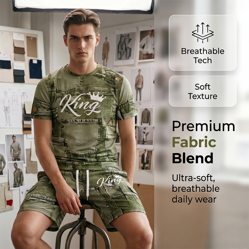 🎉 2026 Sale — Over 33,000 Sold! 👕 Men's Casual Faux Denim Print T-Shirt Shorts Set 🧢