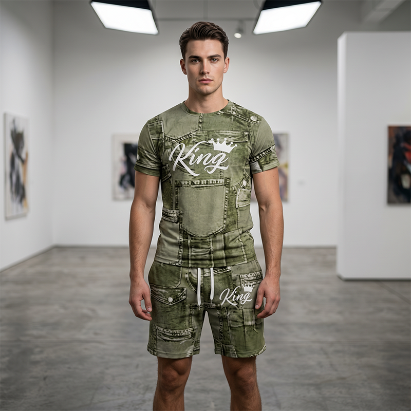 🎉 2026 Sale — Over 33,000 Sold! 👕 Men's Casual Faux Denim Print T-Shirt Shorts Set 🧢