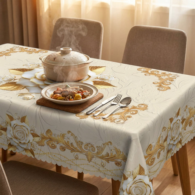 🎉 2026 Sale — Over 58,000 Sold!🌹Waterproof Gold Rose Tablecloth – Embossed Effect, Stain-Resistant, Elegant ✨