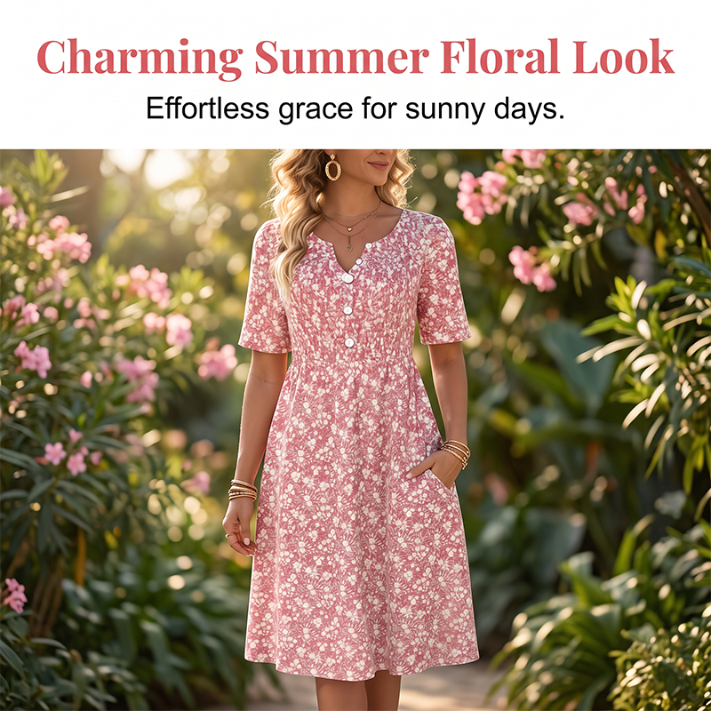 🎉 LIMITED TIME 50% OFF! 🔥 Women's Casual V-Neck Print Dress with Pockets – Floral Design & Functional Side Pockets 🌸