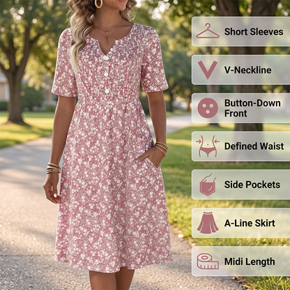 🎉 LIMITED TIME 50% OFF! 🔥 Women's Casual V-Neck Print Dress with Pockets – Floral Design & Functional Side Pockets 🌸
