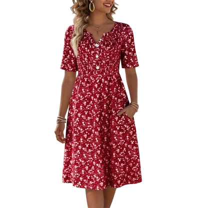 🎉 LIMITED TIME 50% OFF! 🔥 Women's Casual V-Neck Print Dress with Pockets – Floral Design & Functional Side Pockets 🌸