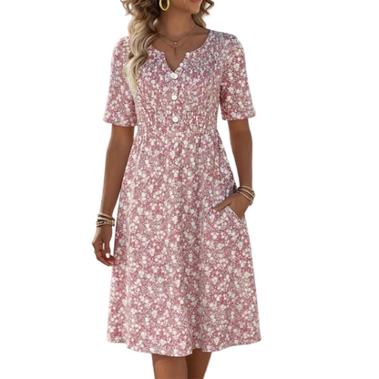 🎉 LIMITED TIME 50% OFF! 🔥 Women's Casual V-Neck Print Dress with Pockets – Floral Design & Functional Side Pockets 🌸