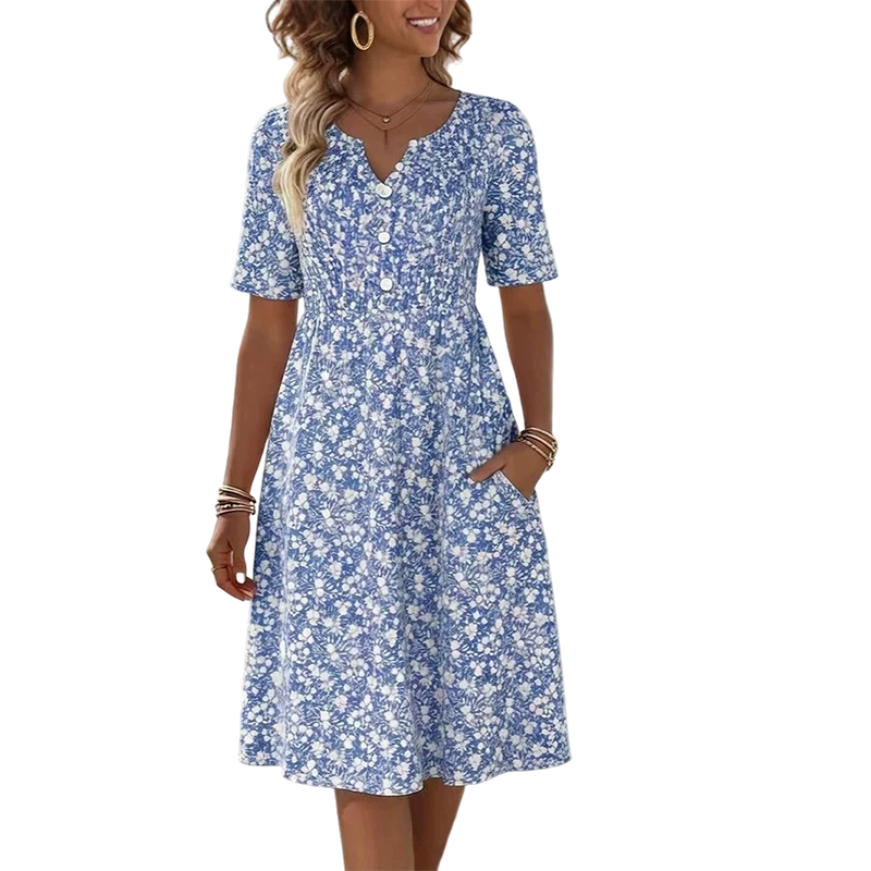 🎉 LIMITED TIME 50% OFF! 🔥 Women's Casual V-Neck Print Dress with Pockets – Floral Design & Functional Side Pockets 🌸