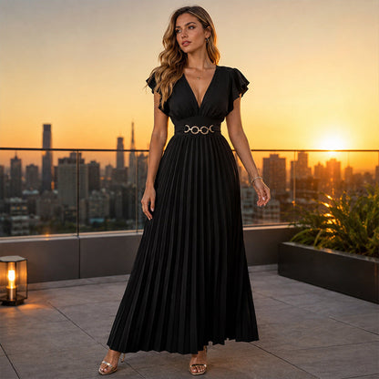 🎉 2026 Sale — Over 35,000 Sold!💃Flowy Pleated Maxi Dress – V-Neck, Ruffle Sleeves, Metal Waistband 🌸