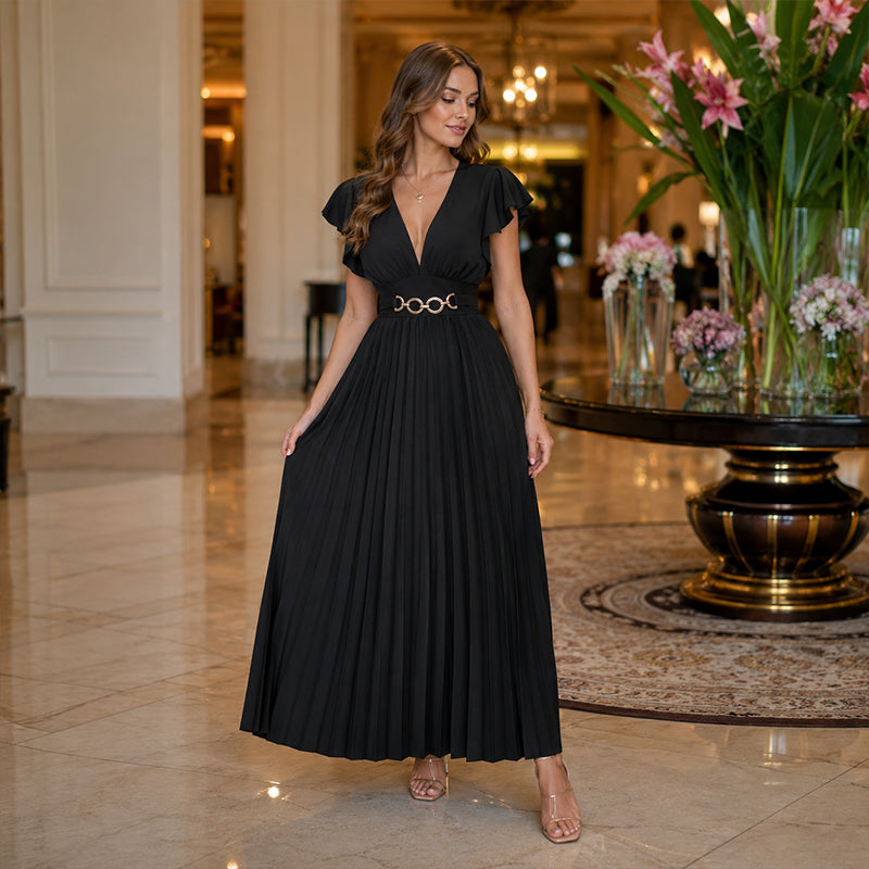 🎉 2026 Sale — Over 35,000 Sold!💃Flowy Pleated Maxi Dress – V-Neck, Ruffle Sleeves, Metal Waistband 🌸