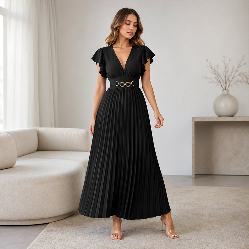 🎉 2026 Sale — Over 35,000 Sold!💃Flowy Pleated Maxi Dress – V-Neck, Ruffle Sleeves, Metal Waistband 🌸