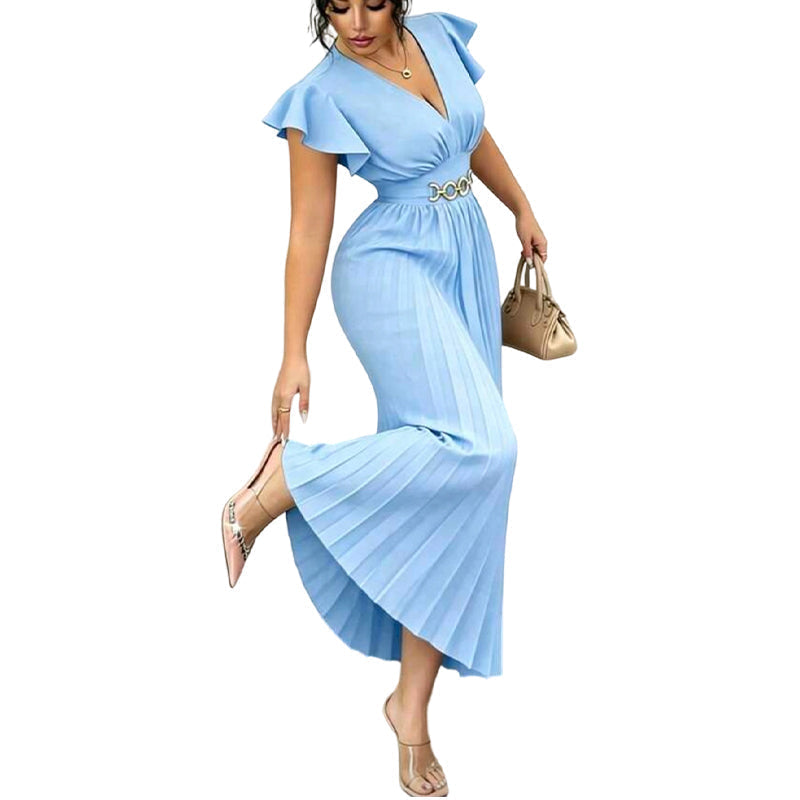 🎉 2026 Sale — Over 35,000 Sold!💃Flowy Pleated Maxi Dress – V-Neck, Ruffle Sleeves, Metal Waistband 🌸