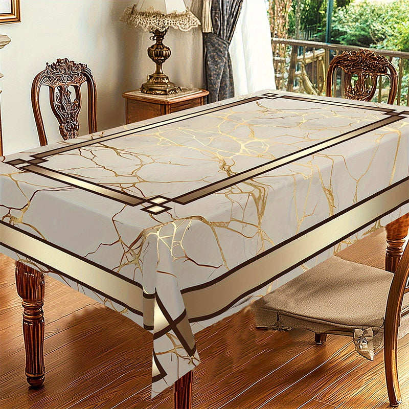 🎉 LIMITED TIME 50% OFF! 🏠 Waterproof Marble-Print Tablecloth – Elegant Beige & Gold Pattern, Spill-Resistant Polyester ✨