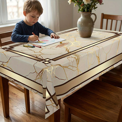 🎉 LIMITED TIME 50% OFF! 🏠 Waterproof Marble-Print Tablecloth – Elegant Beige & Gold Pattern, Spill-Resistant Polyester ✨