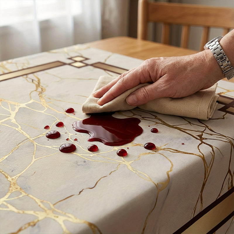 🎉 LIMITED TIME 50% OFF! 🏠 Waterproof Marble-Print Tablecloth – Elegant Beige & Gold Pattern, Spill-Resistant Polyester ✨