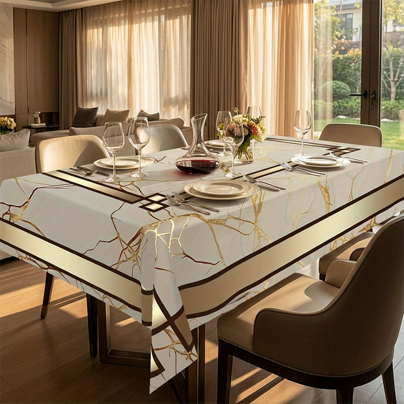 🎉 LIMITED TIME 50% OFF! 🏠 Waterproof Marble-Print Tablecloth – Elegant Beige & Gold Pattern, Spill-Resistant Polyester ✨
