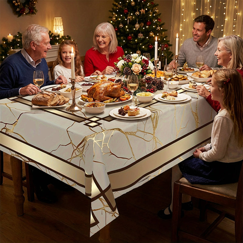 🎉 LIMITED TIME 50% OFF! 🏠 Waterproof Marble-Print Tablecloth – Elegant Beige & Gold Pattern, Spill-Resistant Polyester ✨