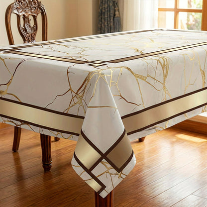 🎉 LIMITED TIME 50% OFF! 🏠 Waterproof Marble-Print Tablecloth – Elegant Beige & Gold Pattern, Spill-Resistant Polyester ✨