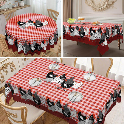 🐓 LIMITED TIME 50% OFF! ❤️ Farmhouse Rooster Tablecloth – Red Buffalo Plaid Chicken Table Cover, Spill Proof & Scalloped Lace Edge ✨
