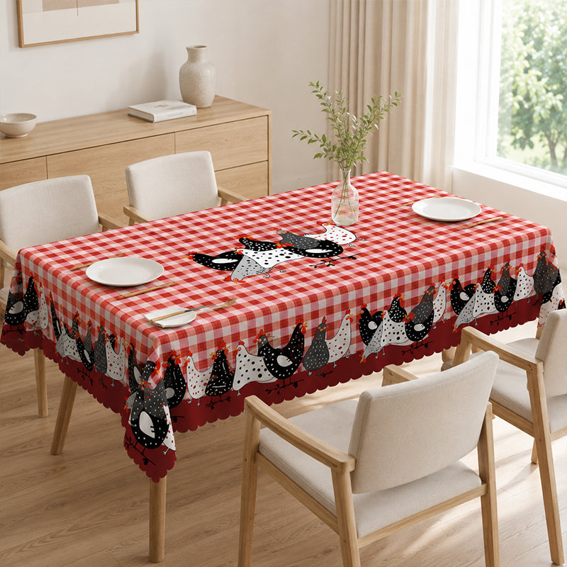 🐓 LIMITED TIME 50% OFF! ❤️ Farmhouse Rooster Tablecloth – Red Buffalo Plaid Chicken Table Cover, Spill Proof & Scalloped Lace Edge ✨