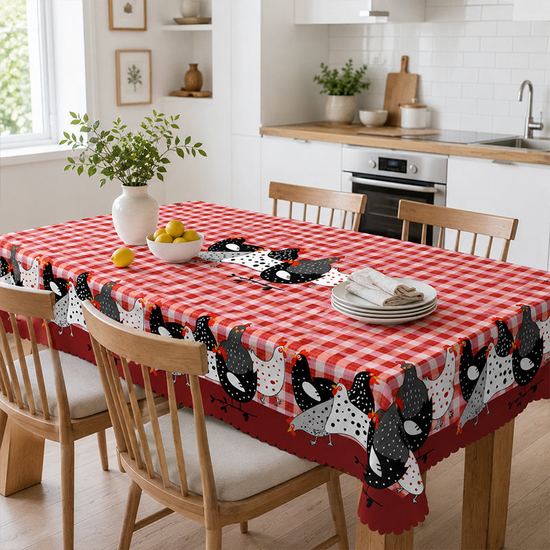 🐓 LIMITED TIME 50% OFF! ❤️ Farmhouse Rooster Tablecloth – Red Buffalo Plaid Chicken Table Cover, Spill Proof & Scalloped Lace Edge ✨