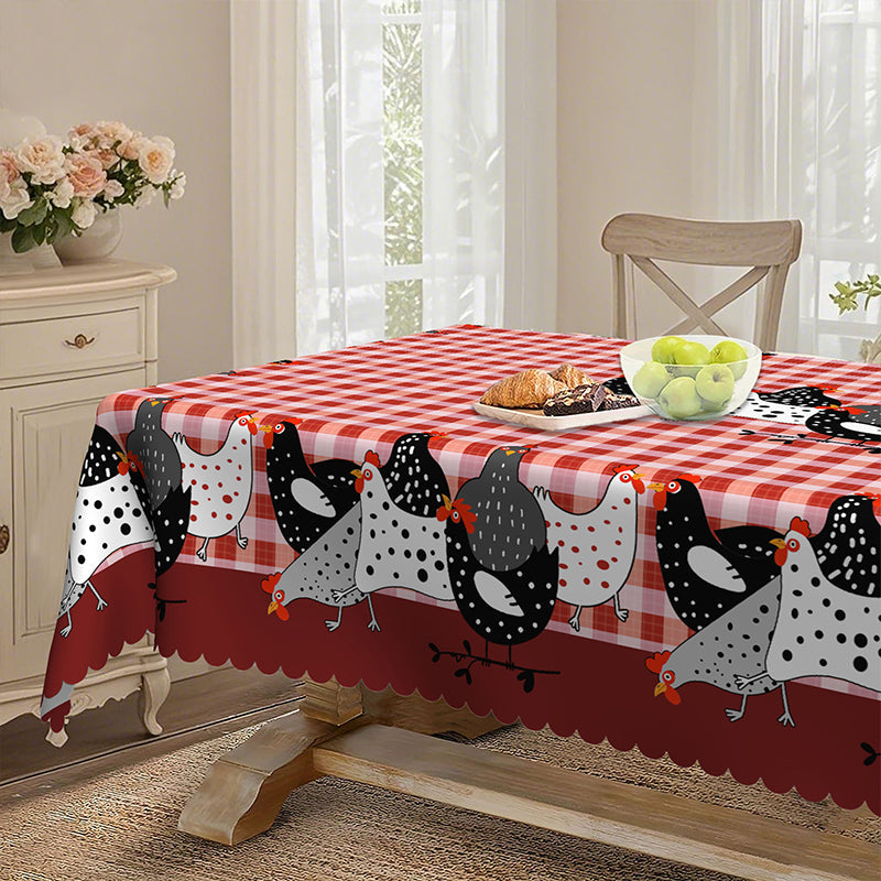 🐓 LIMITED TIME 50% OFF! ❤️ Farmhouse Rooster Tablecloth – Red Buffalo Plaid Chicken Table Cover, Spill Proof & Scalloped Lace Edge ✨