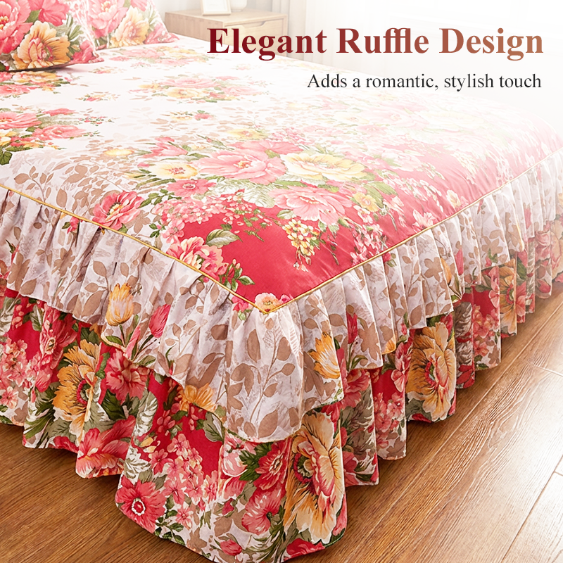 🌸 LIMITED TIME 50% OFF! 3-Piece Floral Ruffled Bed Skirt – Decorative Bedroom Bedding Set with Pillowcases ✨