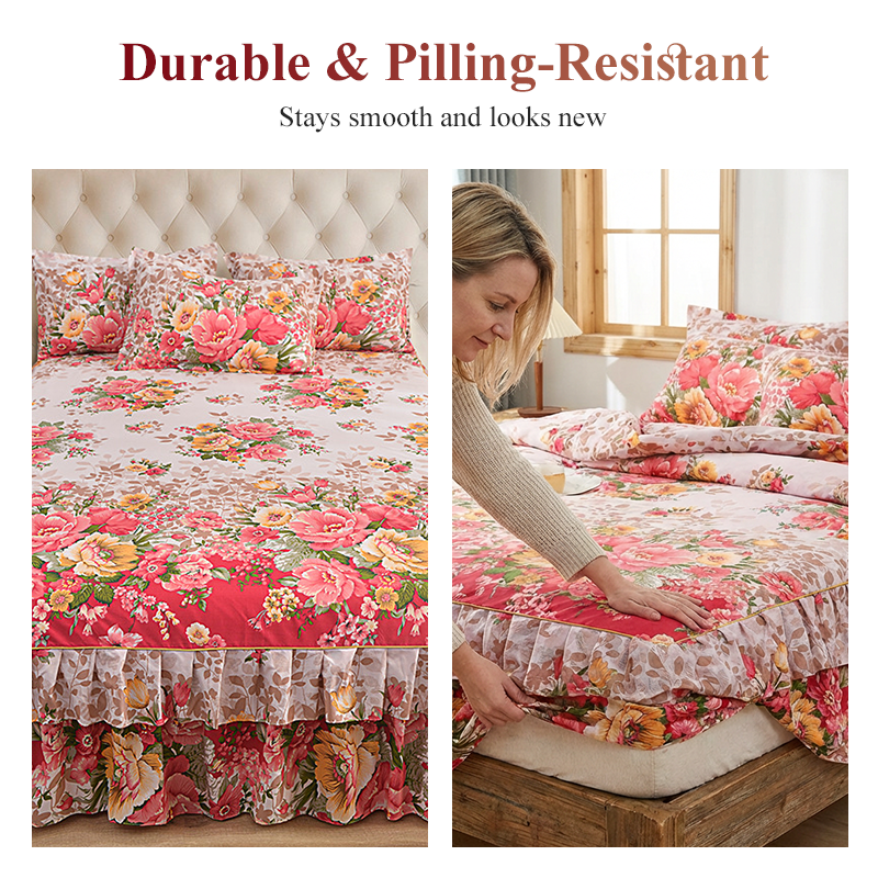 🌸 LIMITED TIME 50% OFF! 3-Piece Floral Ruffled Bed Skirt – Decorative Bedroom Bedding Set with Pillowcases ✨