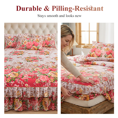 🌸 LIMITED TIME 50% OFF! 3-Piece Floral Ruffled Bed Skirt – Decorative Bedroom Bedding Set with Pillowcases ✨