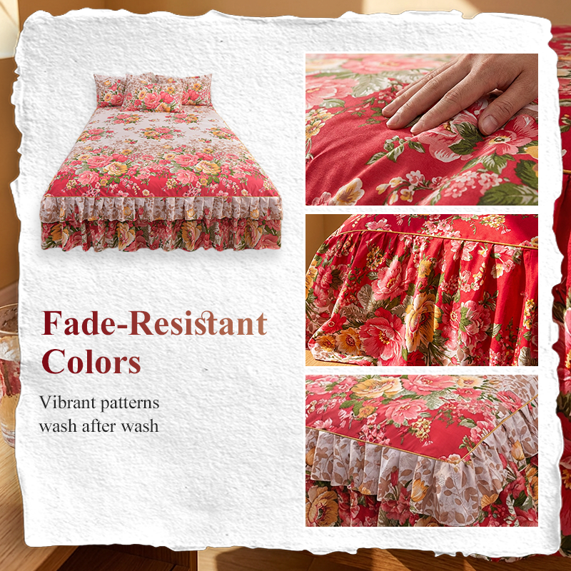 🌸 LIMITED TIME 50% OFF! 3-Piece Floral Ruffled Bed Skirt – Decorative Bedroom Bedding Set with Pillowcases ✨