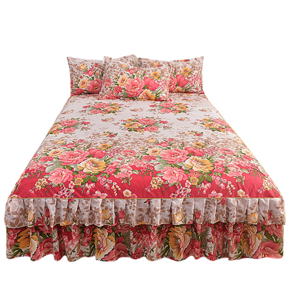 🌸 LIMITED TIME 50% OFF! 3-Piece Floral Ruffled Bed Skirt – Decorative Bedroom Bedding Set with Pillowcases ✨
