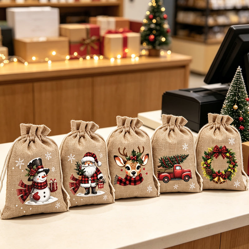 🎁 Christmas Drawstring Gift Bags – Festive Santa & Reindeer Prints, Double Drawstring Closure & Durable Fabric – Holiday Cheer in Every Gift ✨