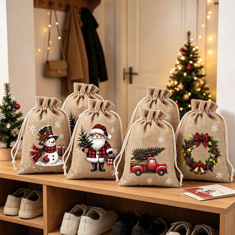 🎁 Christmas Drawstring Gift Bags – Festive Santa & Reindeer Prints, Double Drawstring Closure & Durable Fabric – Holiday Cheer in Every Gift ✨