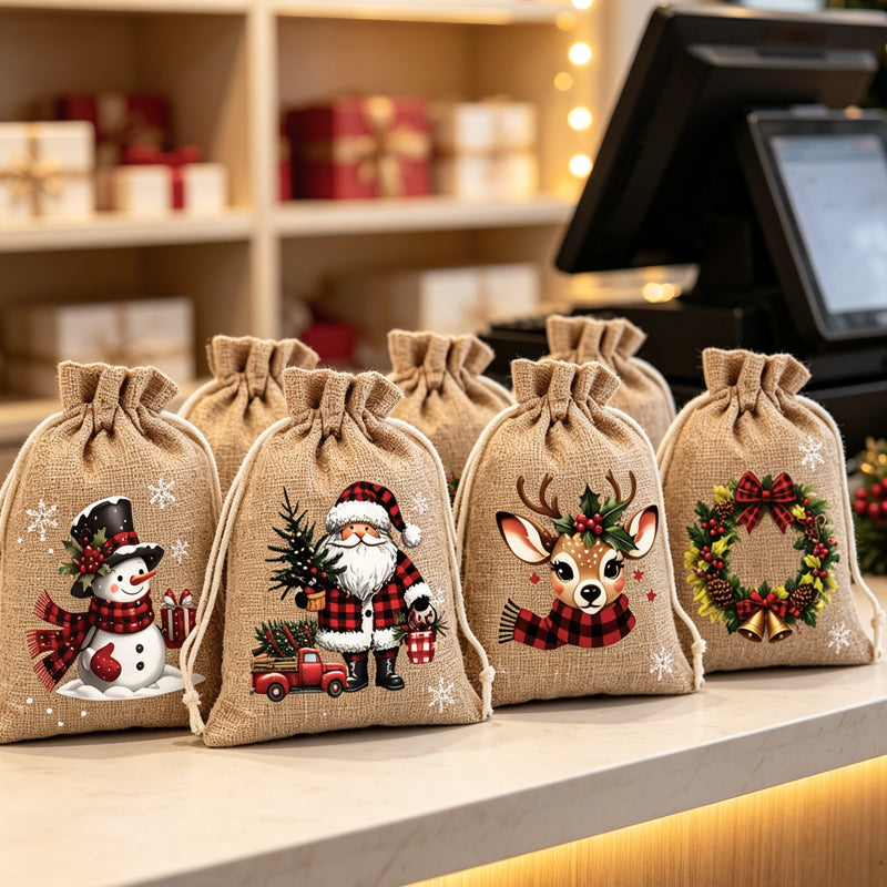 🎁 Christmas Drawstring Gift Bags – Festive Santa & Reindeer Prints, Double Drawstring Closure & Durable Fabric – Holiday Cheer in Every Gift ✨