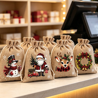 🎁 Christmas Drawstring Gift Bags – Festive Santa & Reindeer Prints, Double Drawstring Closure & Durable Fabric – Holiday Cheer in Every Gift ✨