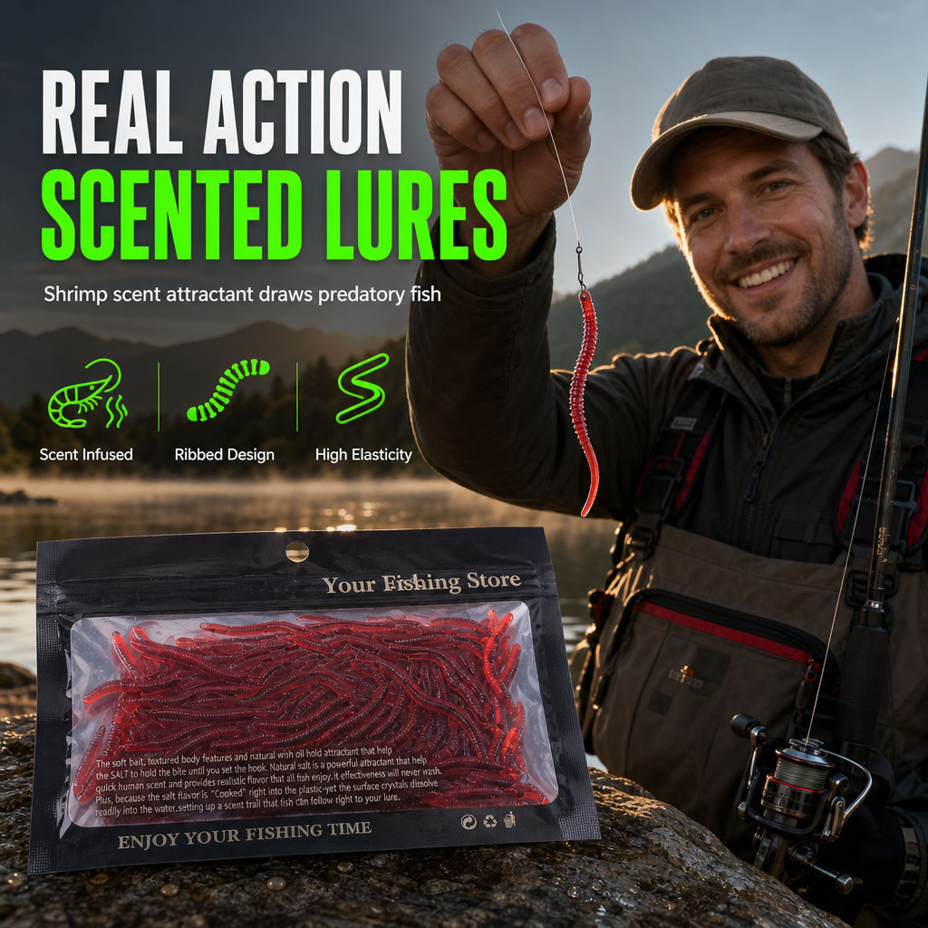 Simulation Earthworm Soft Fishing Lures Shrimp Scented Artificial Worm Baits for Freshwater and Saltwater Pack of 50 or 100