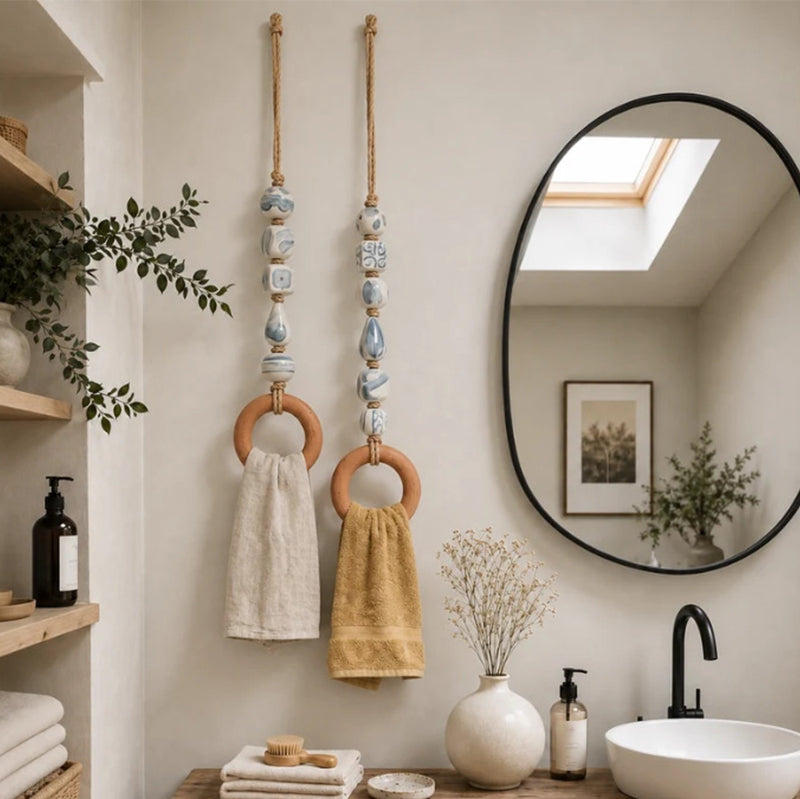 🪵 Decorative Beaded Towel Hanger with Wooden Ring – Boho, Handcrafted, Multi-scene ✨