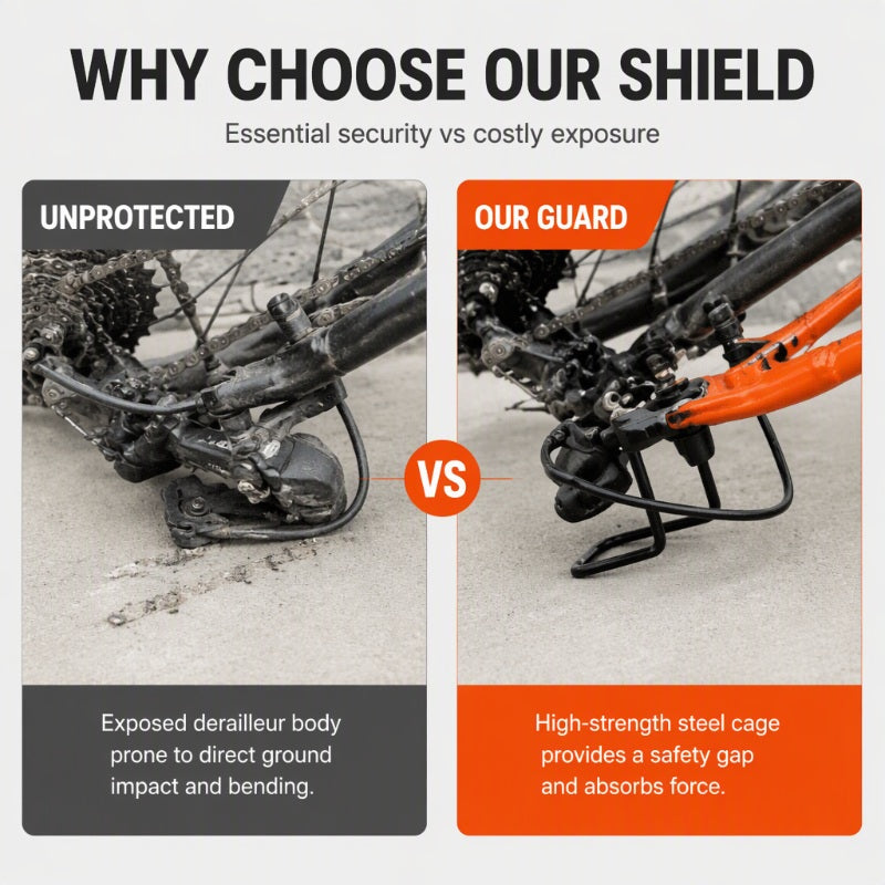 🚲50% OFF NOW! Rear Derailleur Guard – Solid Steel Bicycle Derailleur Shield, Impact Resistant Anti-Rust Protector, Quick Install Universal Fit for Mountain Bikes