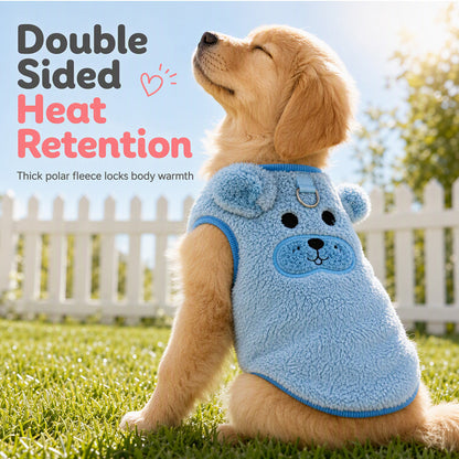 🧶 Fleece Lined Pet Cartoon Vest – Warm Double-Sided Heat Retention, Built-In Metal Leash Ring, Soft High-Density Fleece with Flexible Sleeveless Active Cut – for Daily Walks & Outdoor Adventures ✨