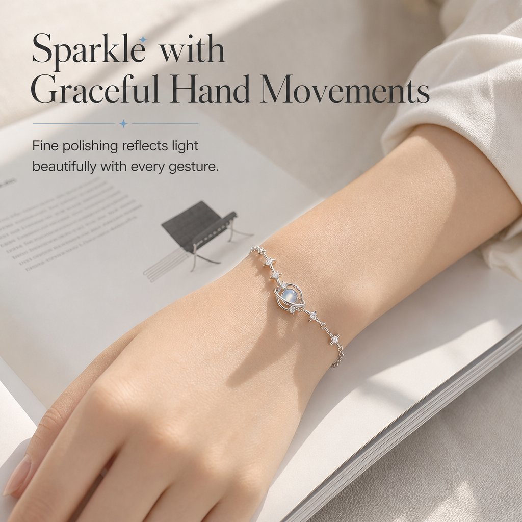 💥 S925 Sterling Silver Planet & Star Charm Bracelet – Crystal Inlaid Celestial Chain with Luminescent Planet Sphere & Pavé CZ Stars, Hypoallergenic Featherlight 5g Dainty Gift for Women & Girls 🪐