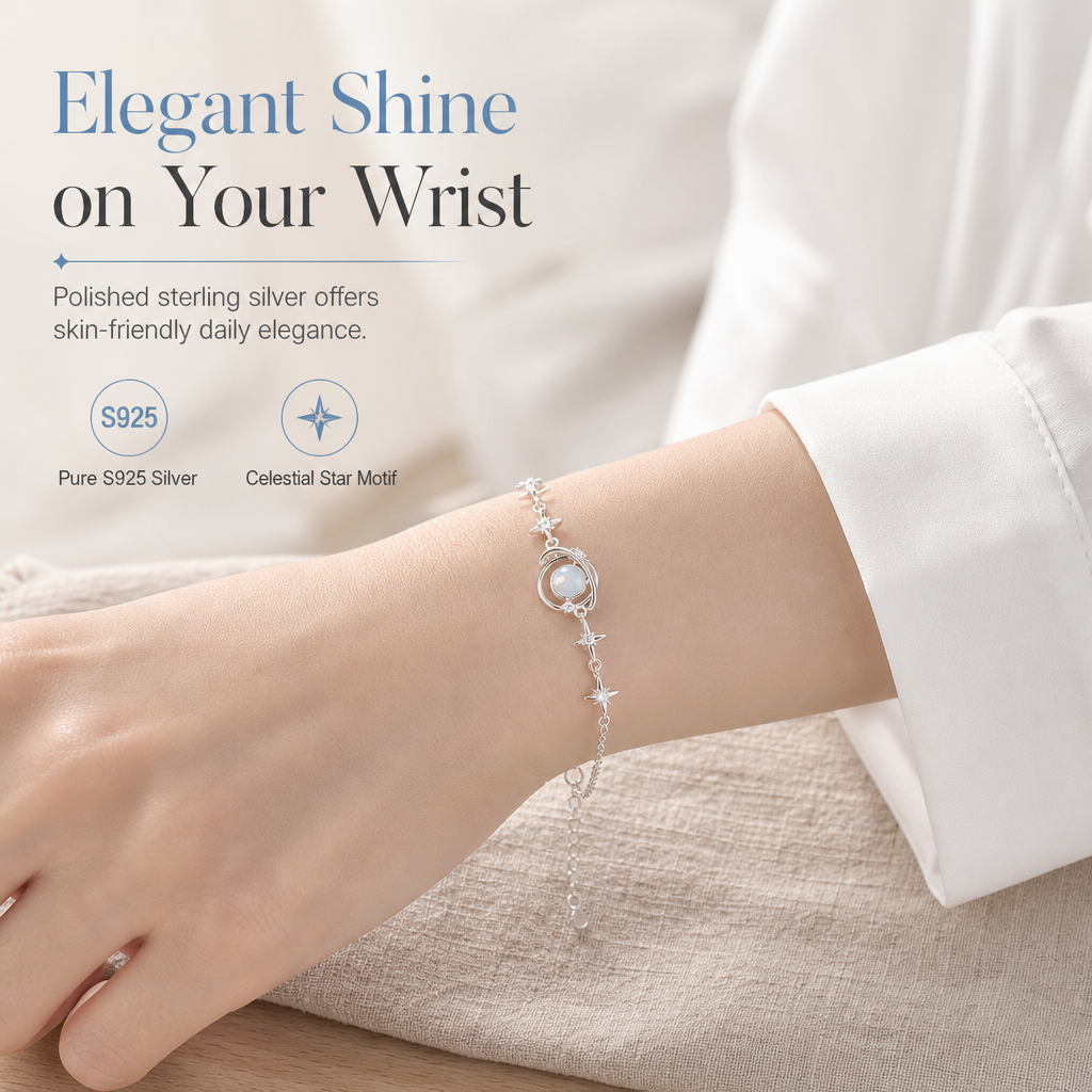 💥 S925 Sterling Silver Planet & Star Charm Bracelet – Crystal Inlaid Celestial Chain with Luminescent Planet Sphere & Pavé CZ Stars, Hypoallergenic Featherlight 5g Dainty Gift for Women & Girls 🪐