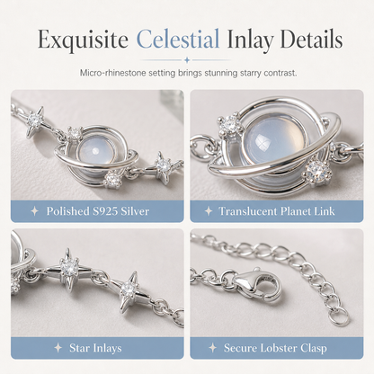 💥 S925 Sterling Silver Planet & Star Charm Bracelet – Crystal Inlaid Celestial Chain with Luminescent Planet Sphere & Pavé CZ Stars, Hypoallergenic Featherlight 5g Dainty Gift for Women & Girls 🪐