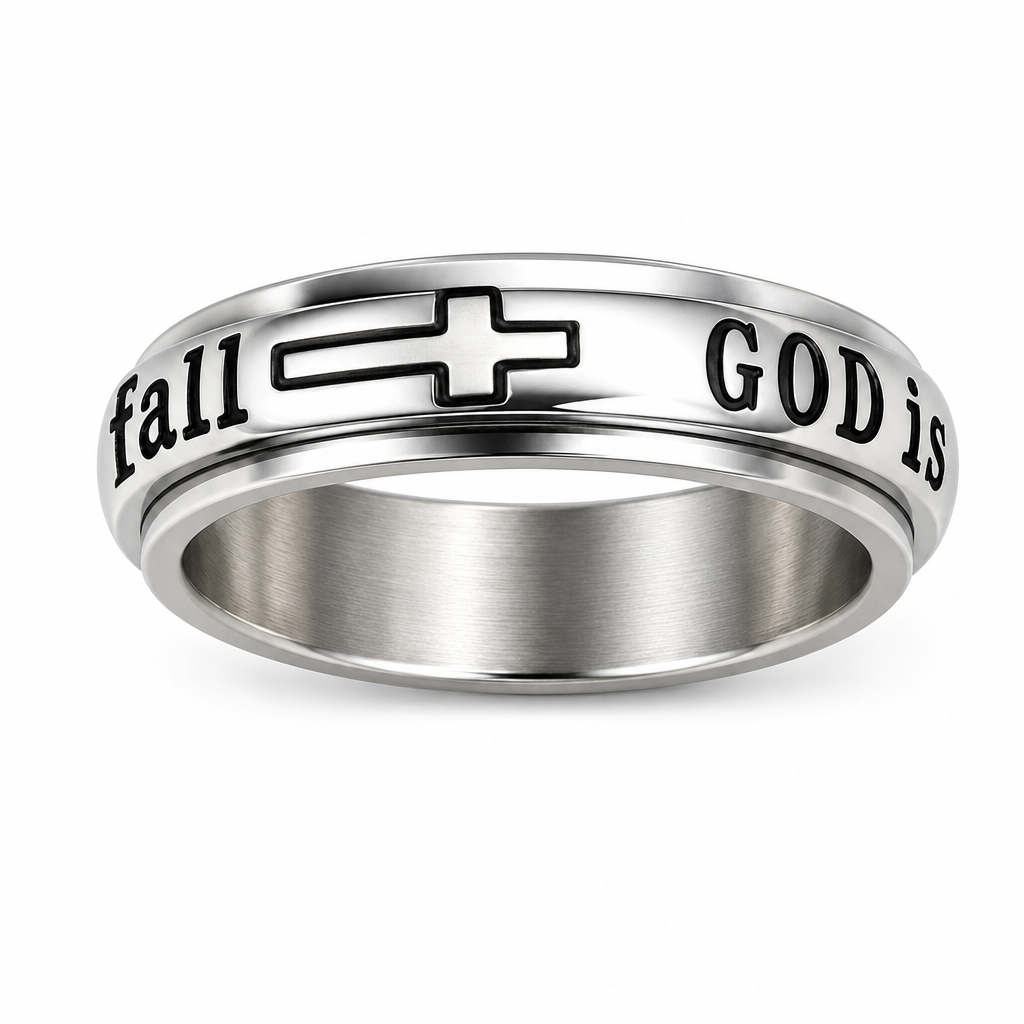 Silver Titanium Steel Spinner Ring with God Is Within Her She Will Not Fall Engraving
