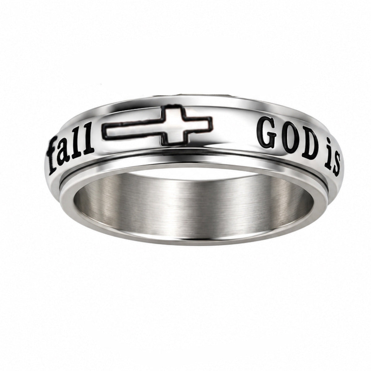 Silver Titanium Steel Spinner Ring with God Is Within Her She Will Not Fall Engraving