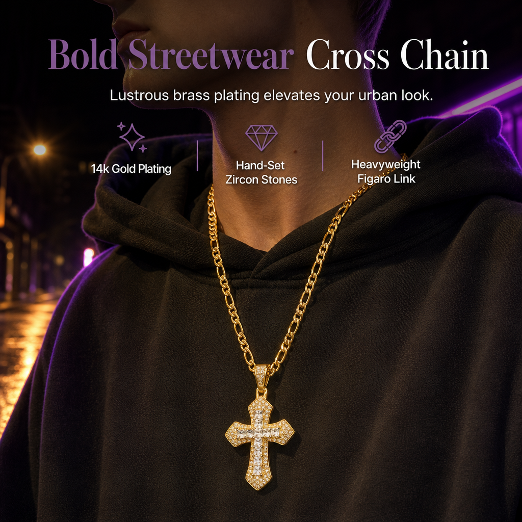 ✨ Hip Hop Double-Layer Cross Chain – Baguette Rhinestone, Figaro Links ✨
