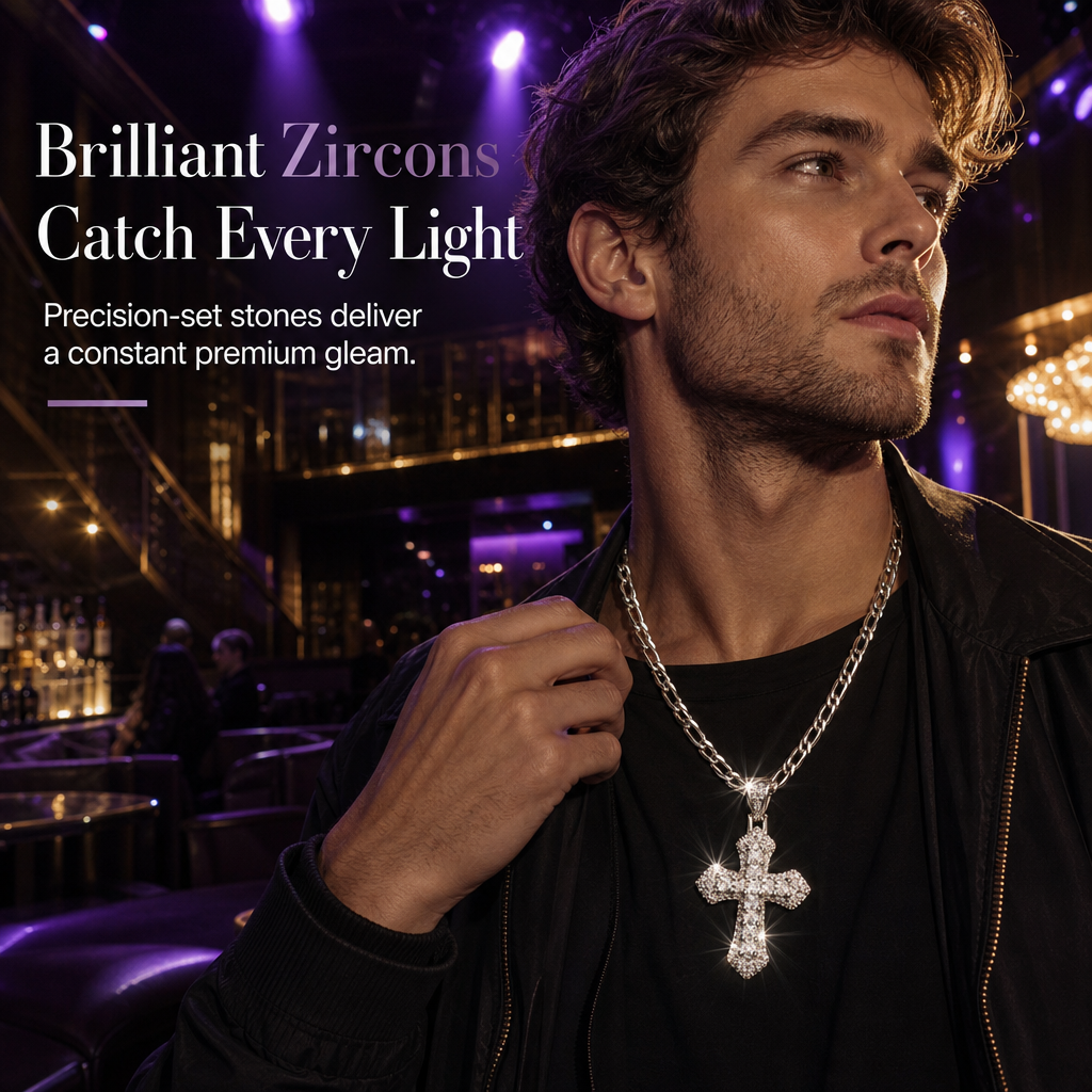 ✨ Hip Hop Double-Layer Cross Chain – Baguette Rhinestone, Figaro Links ✨