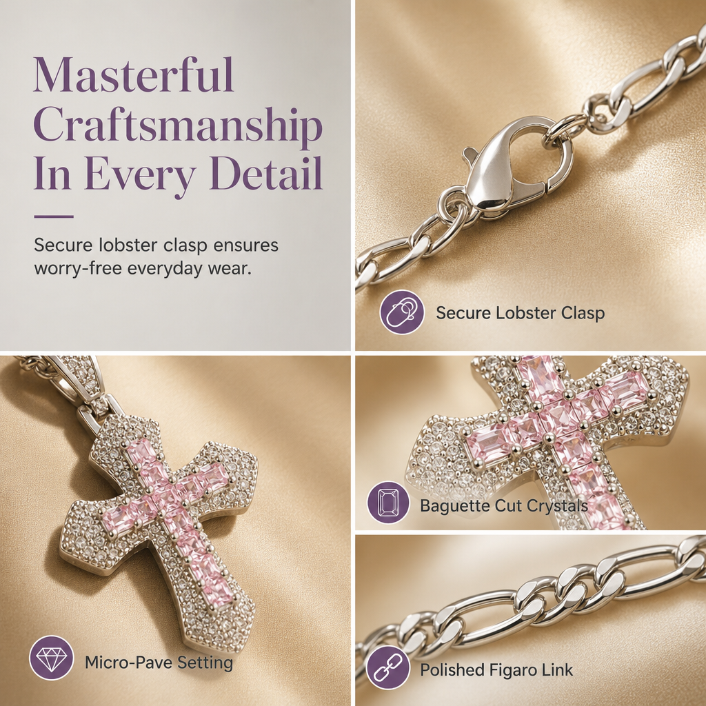 ✨ Hip Hop Double-Layer Cross Chain – Baguette Rhinestone, Figaro Links ✨