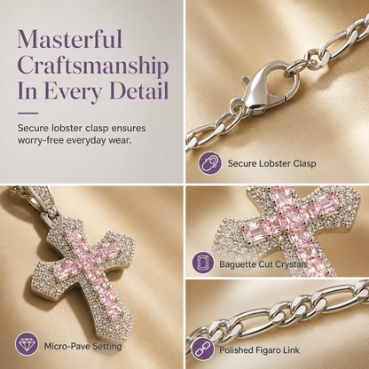 ✨ Hip Hop Double-Layer Cross Chain – Baguette Rhinestone, Figaro Links ✨
