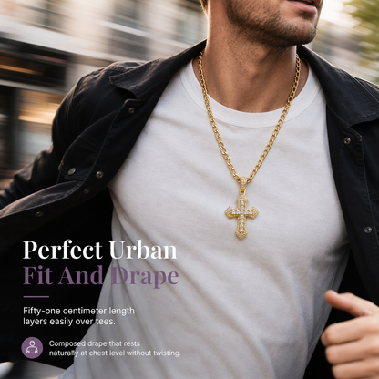 ✨ Hip Hop Double-Layer Cross Chain – Baguette Rhinestone, Figaro Links ✨