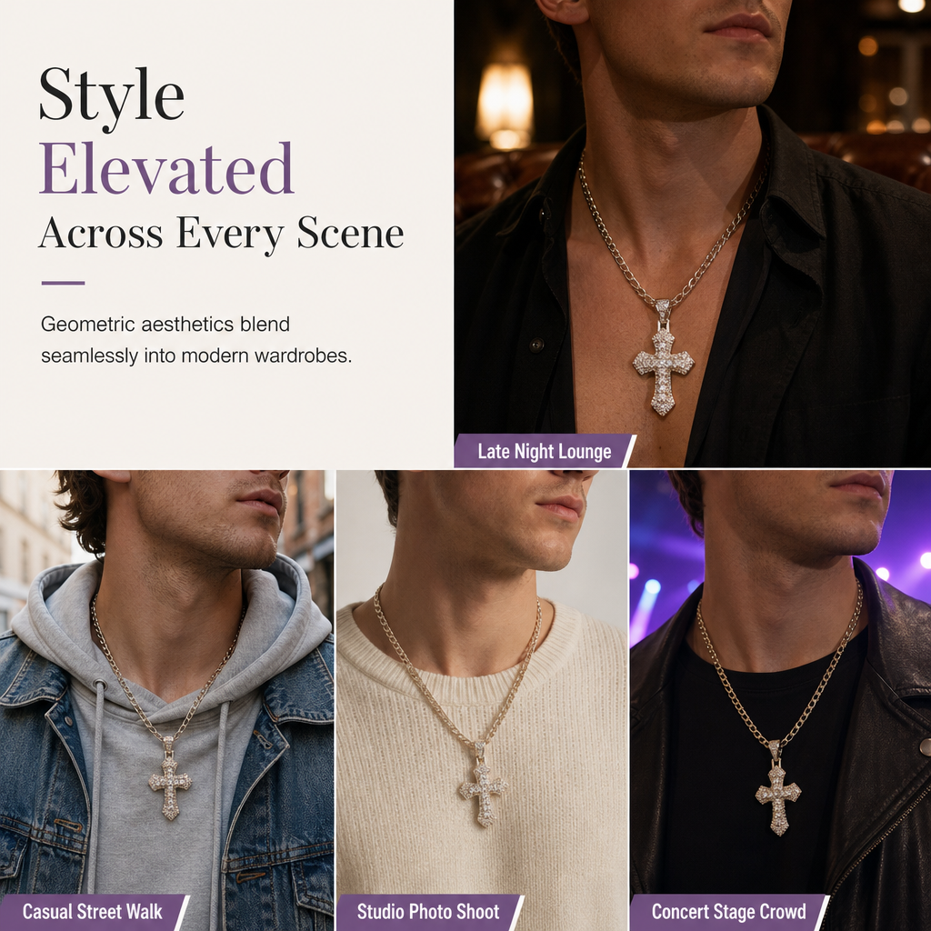 ✨ Hip Hop Double-Layer Cross Chain – Baguette Rhinestone, Figaro Links ✨