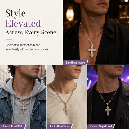 ✨ Hip Hop Double-Layer Cross Chain – Baguette Rhinestone, Figaro Links ✨
