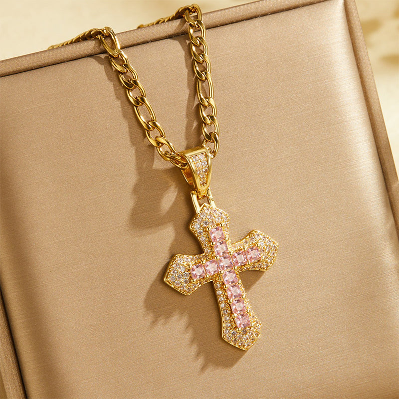 ✨ Hip Hop Double-Layer Cross Chain – Baguette Rhinestone, Figaro Links ✨